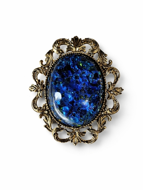 Jewelry - Vintage Japan Stamped Blue Statement Brooch Ornate Filigree Gold Tone Large Pin
